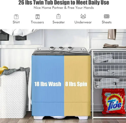 COSTWAY Dual-Tub Washing Machine  26 LB Total Capacity (18 LB Wash + 8 LB Spin) with Drain Pump