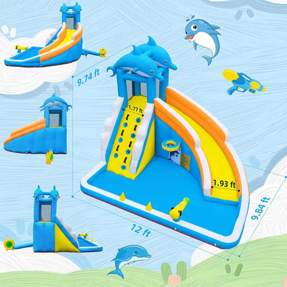5-in-1 Inflatable Dolphin Water Play Center  Bounce House, Climbing Wall, Splash Pool, Water Cannon & Basketball Hoop for Backyard Fun