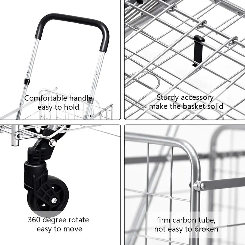 Heavy-Duty Folding Shopping Cart with Dual Baskets and 360° Swivel Wheels