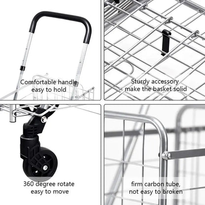 Heavy-Duty Folding Shopping Cart with Dual Baskets and 360° Swivel Wheels