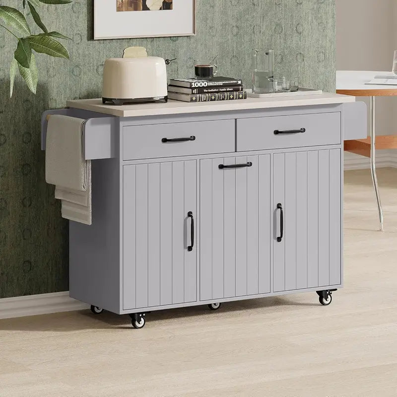 White Rotating Kitchen Island Cart  Foldable-Leg Trolley with Trash Bin, Towel Bar, Drawers, and Internal Shelves