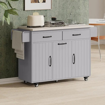 White Rotating Kitchen Island Cart  Foldable-Leg Trolley with Trash Bin, Towel Bar, Drawers, and Internal Shelves