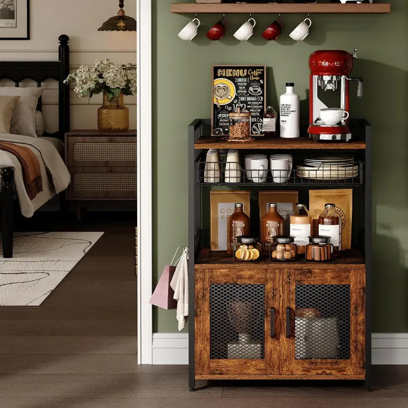 Rustic Brown 3-Tier Mobile Coffee Station — Bar Cart with Wire Basket Drawer, Hooks & Liquor Storage