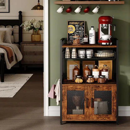 Rustic Brown 3-Tier Mobile Coffee Station — Bar Cart with Wire Basket Drawer, Hooks & Liquor Storage