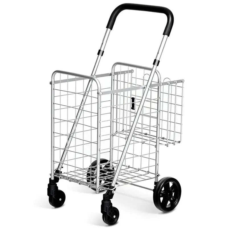 Heavy-Duty Folding Shopping Cart with Dual Baskets and 360° Swivel Wheels