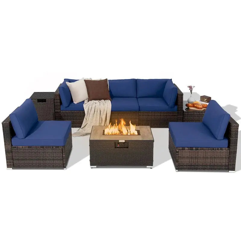 8-Piece All-Weather Rattan Patio Set  Fire Pit Table, Tank Holder, Cover, and Deck Accessories