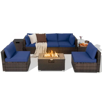 8-Piece All-Weather Rattan Patio Set  Fire Pit Table, Tank Holder, Cover, and Deck Accessories