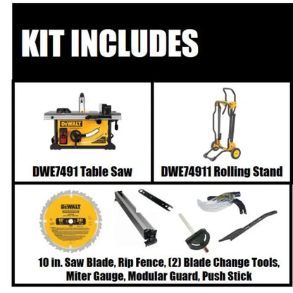 DEWALT DWE7491RS 10-Inch Jobsite Table Saw  Corded 15-Amp Saw with Rolling Stand and Precision Fence System