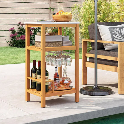 Three-Tier Patio Bar Cabinet  Faux Marble Countertop Serving Table for Outdoor Entertaining