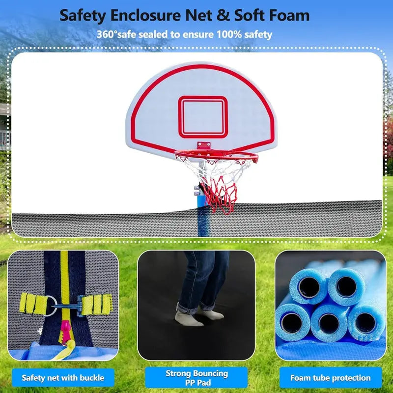 16-Foot Upgraded Trampoline with Enclosure Net and Adjustable Basketball Hoop