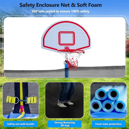 16-Foot Upgraded Trampoline with Enclosure Net and Adjustable Basketball Hoop