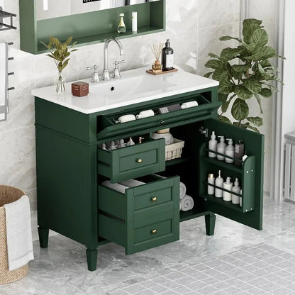 Modern 36-Inch Freestanding Bathroom Vanity  Single Undermount Sink, Soft-Close Drawers, Tip-Out Shelf, Solid Wood Frame