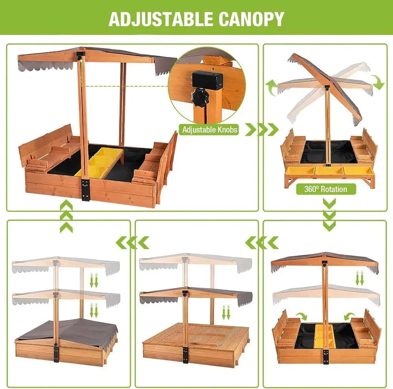 Wooden Outdoor Sandbox with Canopy  47″×47″ Sand Play Center Featuring Retractable Roof & Foldable Benches