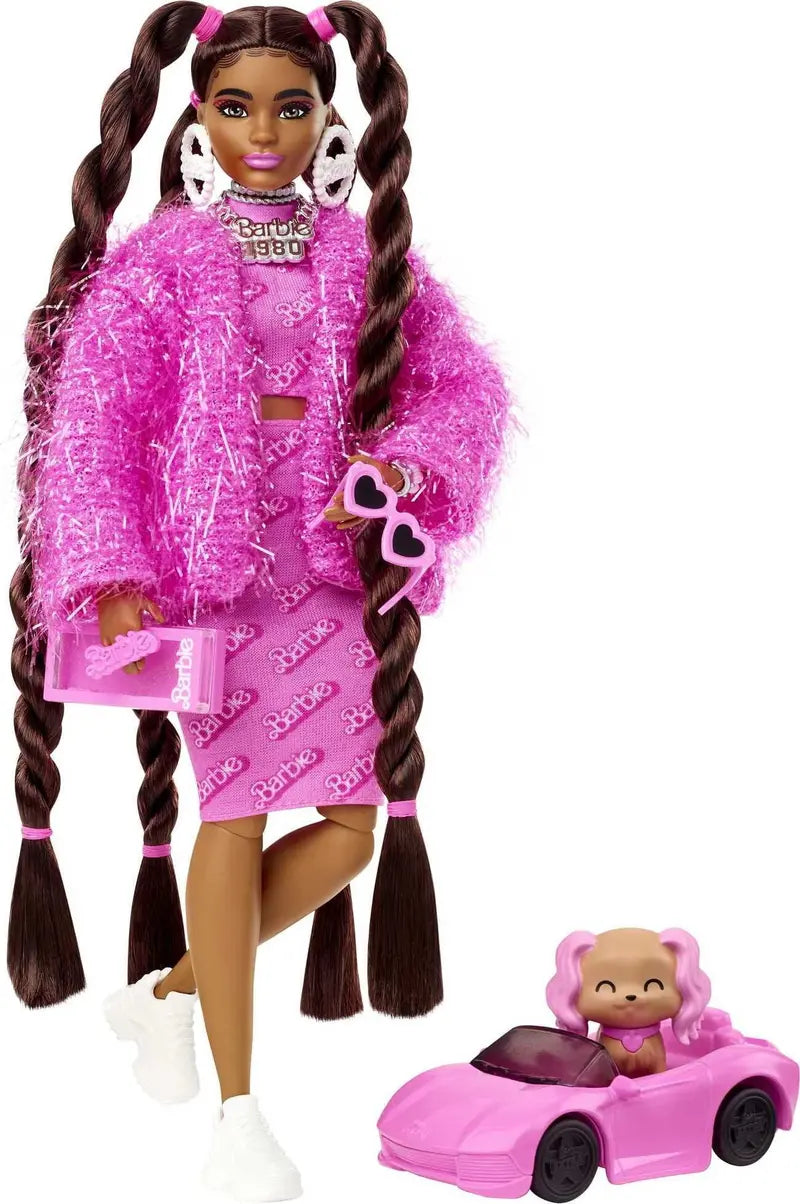 Barbie Extra Fashion Doll with Long Brunette Hair, Pink 2-Piece Outfit, Accessories & Pet