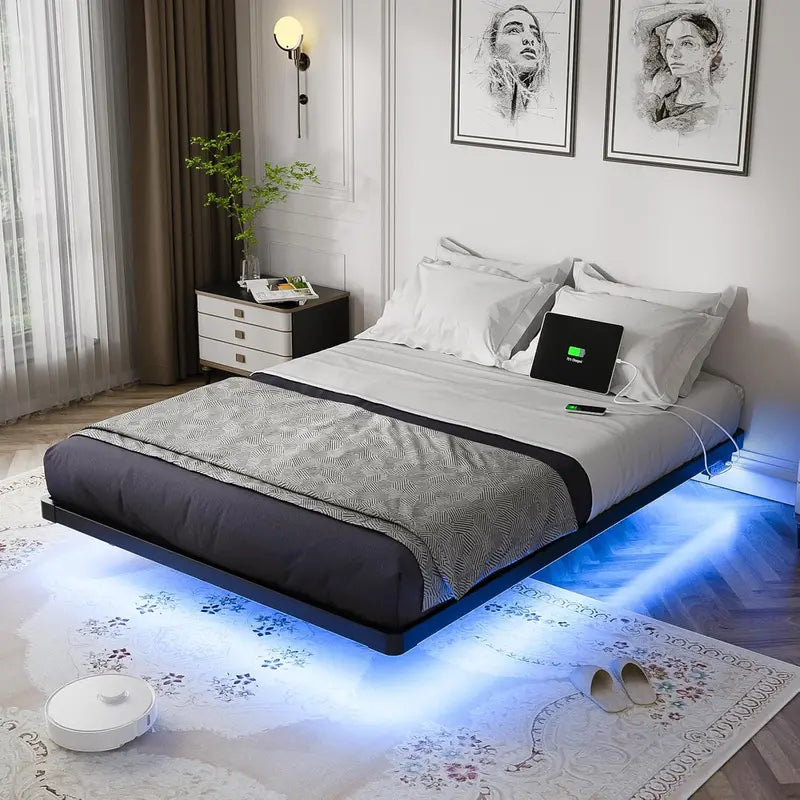 OLEVS Queen Floating Bed Frame  Modern Metal Platform with Integrated Smart LED Lighting