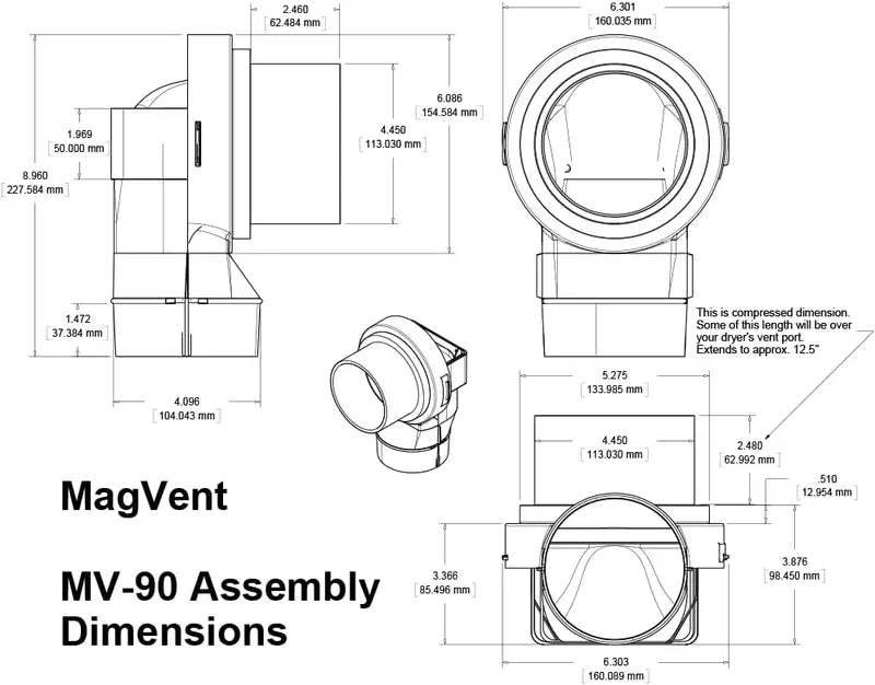 MagVent MV-90 12″ Magnetic Dryer Vent Coupling, 90° UL 2158A Approved, Easy Install