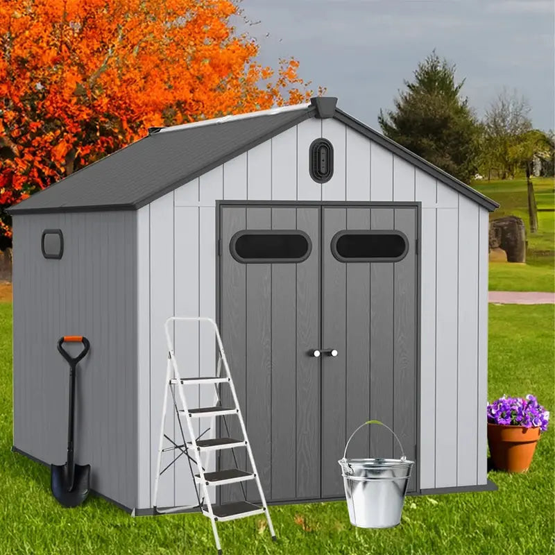 All-Weather Resin Storage Shed  Spire-Style Outdoor Tool Shed (6’x4′, 6’x8′, 8’x6′, or 8’x10′) with Floor Included