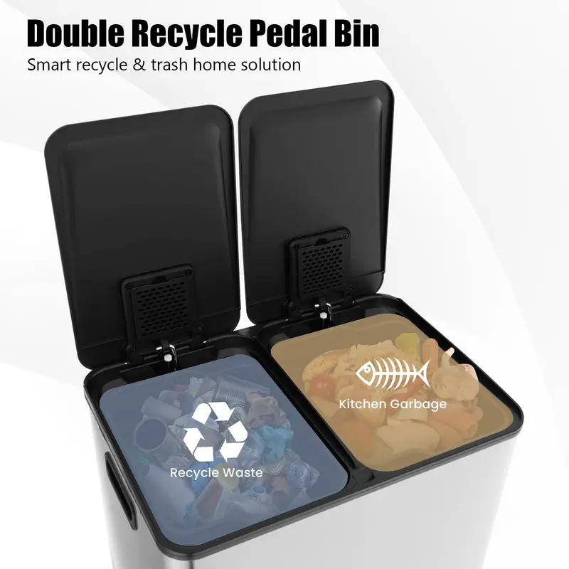 16-Gallon Dual-Bin Stainless Steel Kitchen Trash Can
