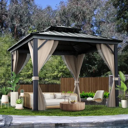 10×10 All-Weather Hardtop Gazebo  Dual-Layer Metal Roof, Aluminum Frame, Khaki