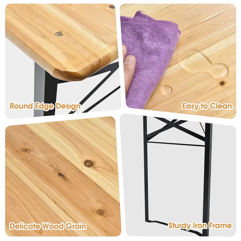 Three-Piece Folding Picnic Table and Bench Set with Wooden Top (70″ Total)