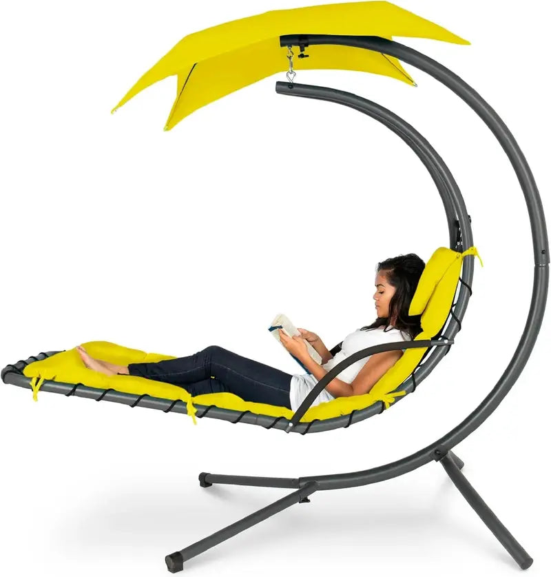 Best Choice Products Curved Hanging Steel Chaise Lounge Swing  Charcoal Gray with Pillow & Canopy