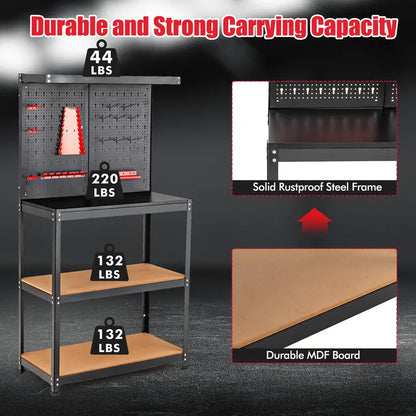 Heavy-Duty Steel Workbench with Pegboard  Tool Table Featuring 2 Open Shelves & 13 Accessories