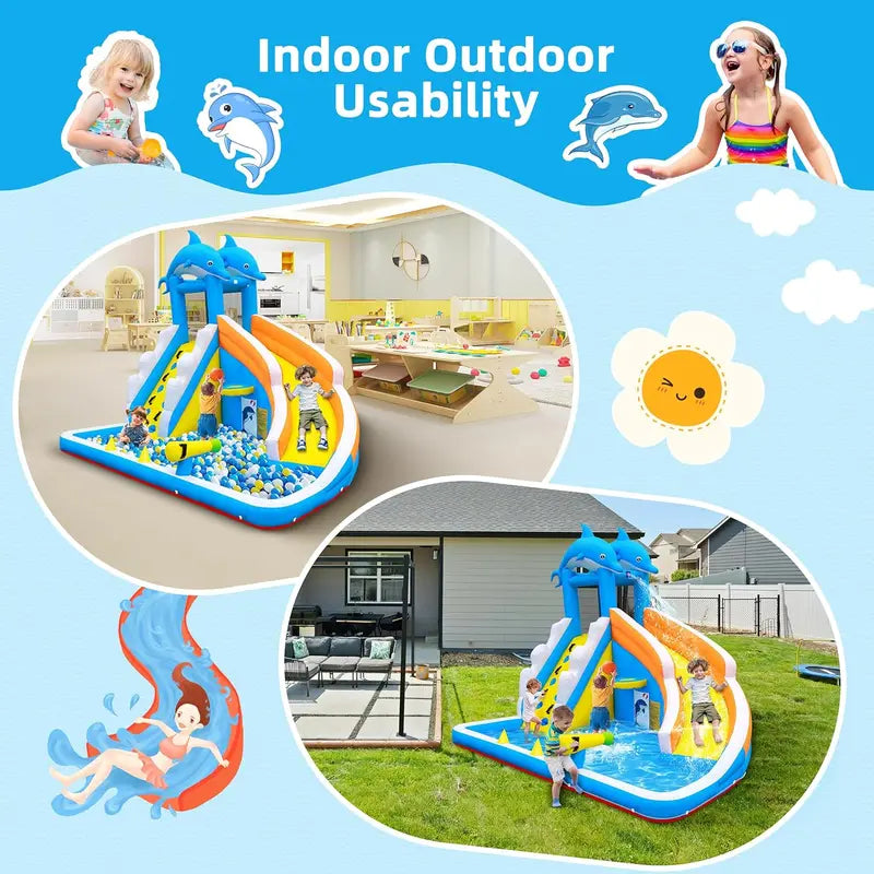 5-in-1 Inflatable Dolphin Water Play Center  Bounce House, Climbing Wall, Splash Pool, Water Cannon & Basketball Hoop for Backyard Fun