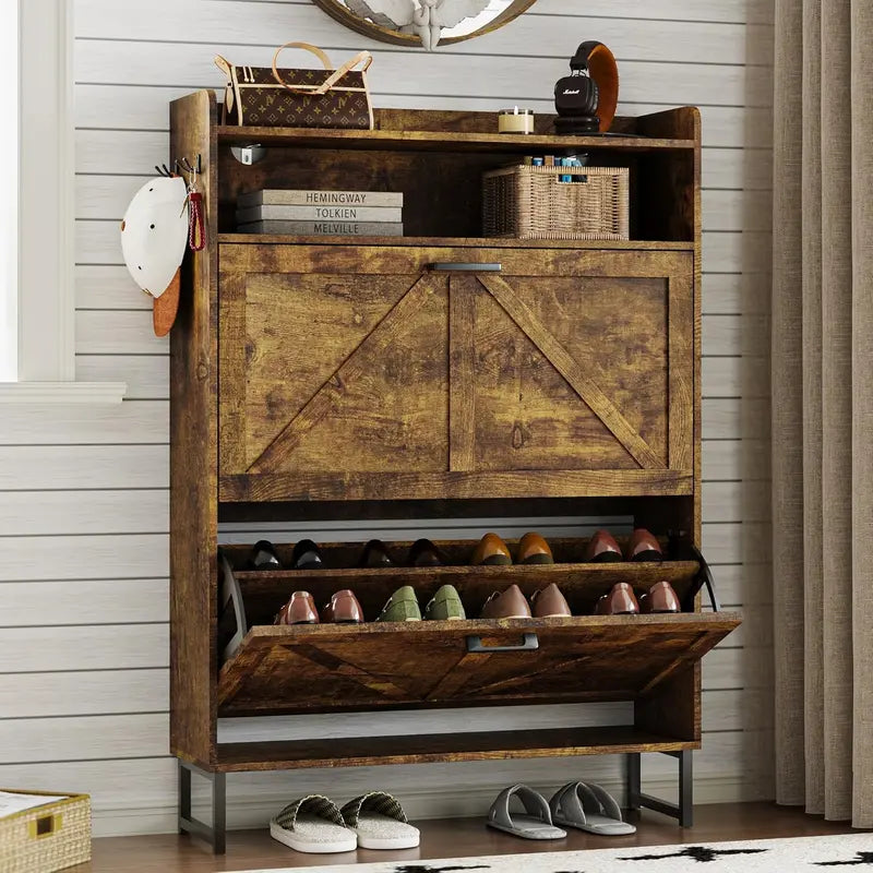 Minimalist Wooden Shoe Storage Cabinet with 2 Flip Drawers and Slim Profile