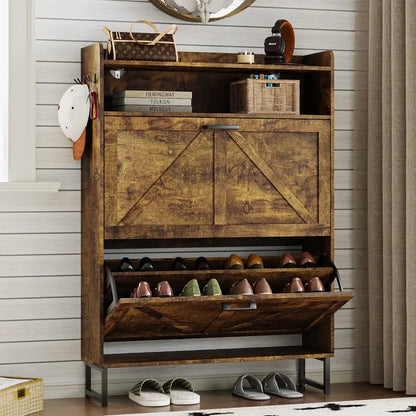 Minimalist Wooden Shoe Storage Cabinet with 2 Flip Drawers and Slim Profile