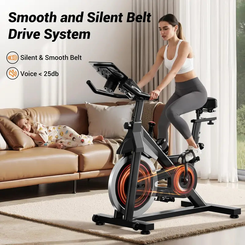 CURSOR FITNESS Indoor Cycling Bike  Silent Belt-Drive Stationary Bike with Ergonomic Seat, iPad Mount & Triple Bottle Holders