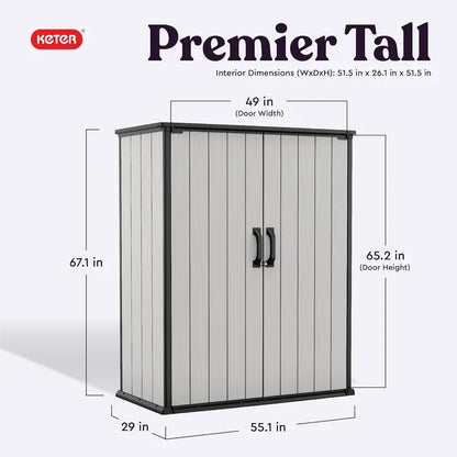 Keter Premier Tall Resin Storage Shed  4.6′ x 5.6′ Weatherproof Outdoor Shed with Built-in Shelving Brackets