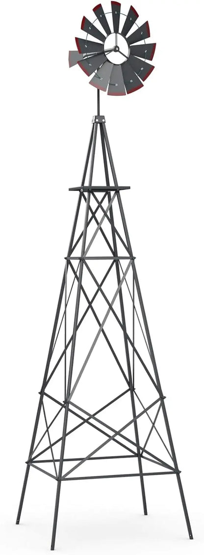 8-Foot All-Weather Ornamental Metal Windmill with Four-Point Base and Weathervane Feature