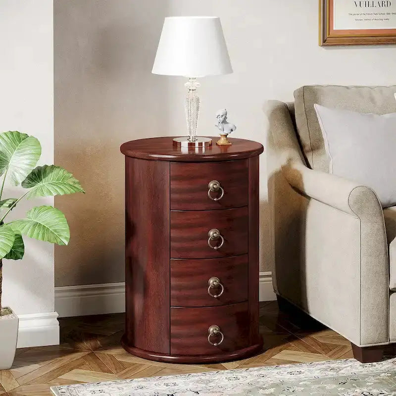 No-Assembly Vintage End Table  Solid Wood Round Side Table with Drawers