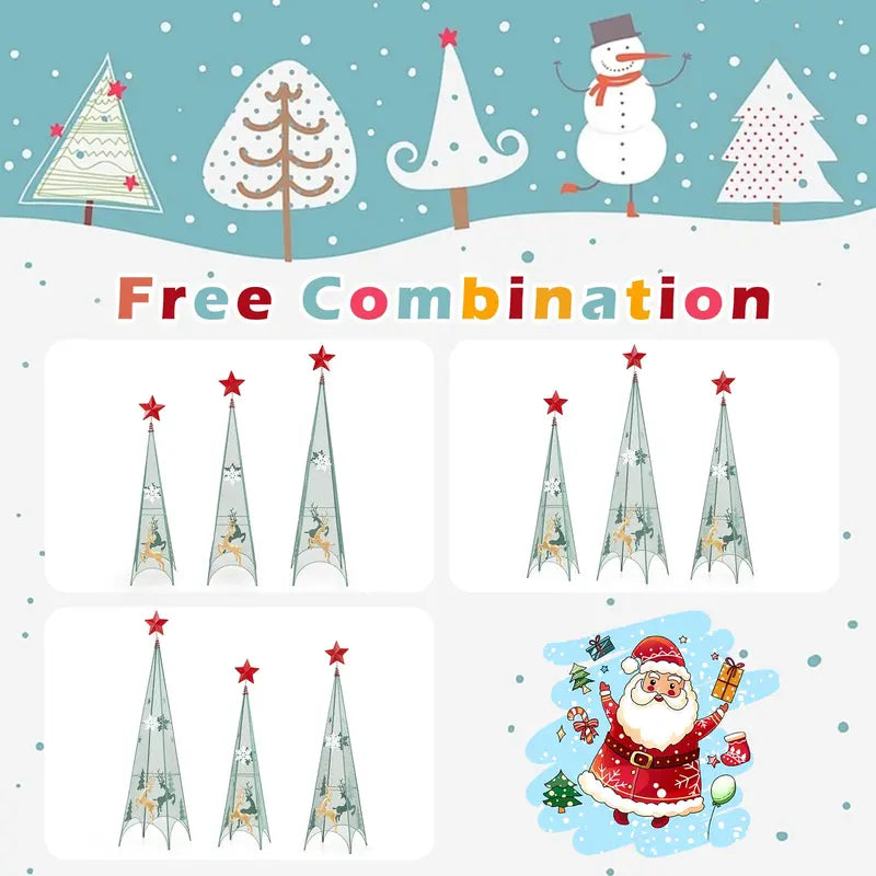 Three-Tier Tower-Style Artificial Christmas Trees — 3 ft, 3.5 ft, and 4 ft Metal Frames with Removable Star Toppers and Mini Reindeer Accents