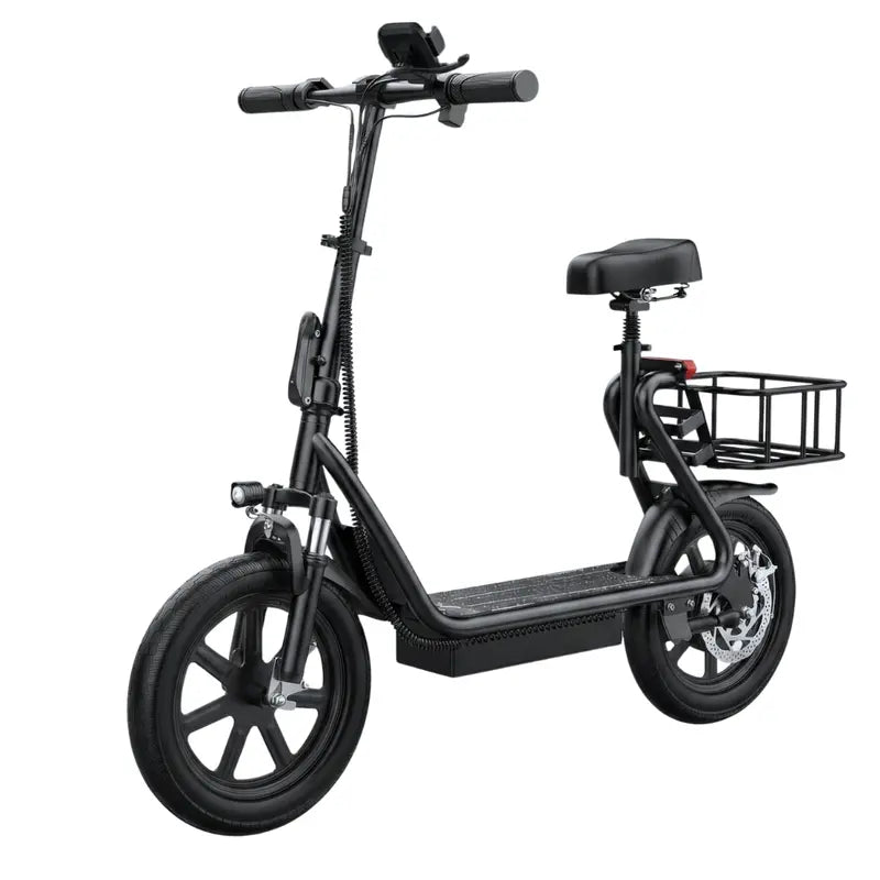 Foldable E-Scooter with Detachable Seat, Rear Cargo Basket, and 14″ Pneumatic Tires