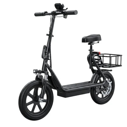 Foldable E-Scooter with Detachable Seat, Rear Cargo Basket, and 14″ Pneumatic Tires