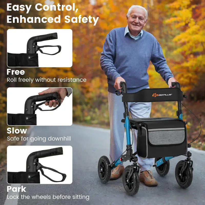 All-Terrain Rollator Walker for Seniors  Dual-Function Folding Design with 9-Inch Pneumatic Tires & Comfort Seat