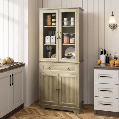 71″ Tall Kitchen Hutch Cabinet  Glass-Front Pantry Storage Unit with Open Shelving & Display Space