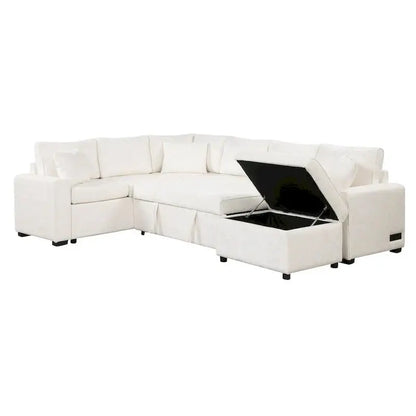 Chenille L-Shaped Sectional Sofa Bed — Pull-Out Mattress, Storage Ottoman, USB Charging & Decorative Pillows