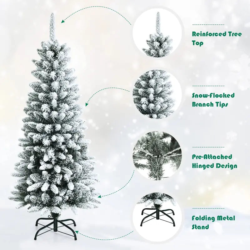 Hinged Snow-Flocked Pencil Christmas Tree  Ultra-Slim Pre-Lit Holiday Tree