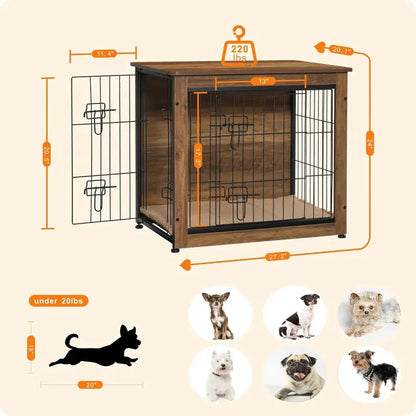 DWANTON Wooden Dog Crate Furniture with Cushion, Multi-Functional Pet Crate & Side Table, Durable & Chew-Resistant, Double Doors, Adjustable Feet