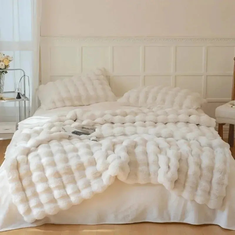 Reversible Textured Throw Blanket  Dual-Sided Bubble-Knit Design