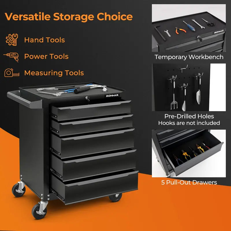 5-Drawer Rolling Steel Tool Chest  Mobile Workshop Cabinet with Hanging Rod Holes & Smooth Casters