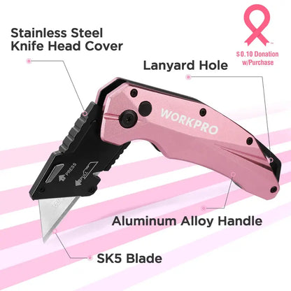 WORKPRO Pink Folding Aluminum Utility Knife  Includes 10 Replacement Blades