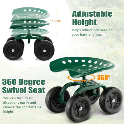 Wheeled Garden Utility Cart, Adjustable Swivel-Seat Cart for Lawn and Landscape Tasks