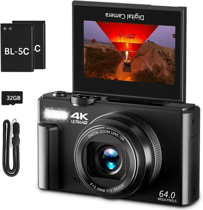 4K Vlogging Camera  64MP Digital Point-and-Shoot with 180° Flip Screen, 18x Zoom & 32GB SD Card