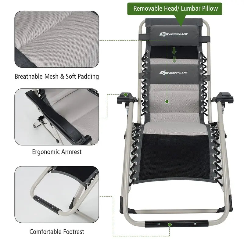Zero Gravity Folding Recliner  High-Weight-Capacity Lounge Chair with Detachable Head Pillow