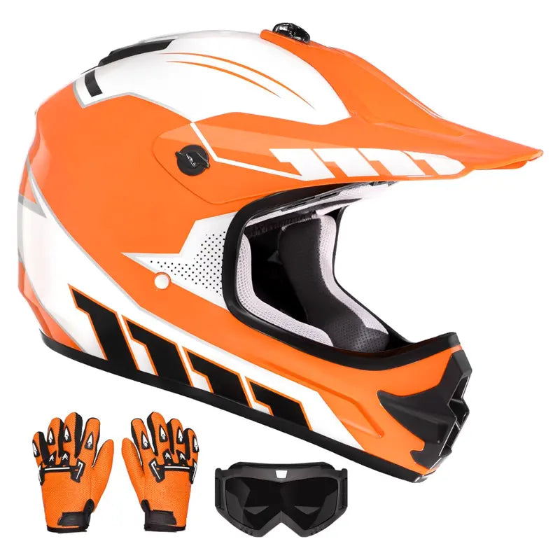 Youth Full-Face Dirt Bike Helmet Kit with Goggles and Riding Gloves