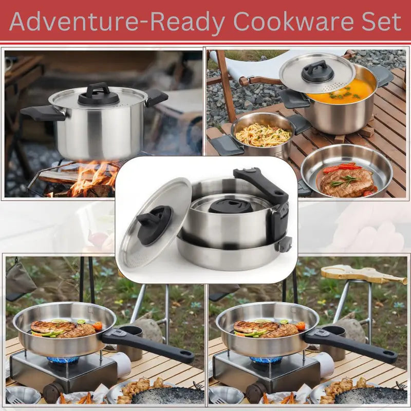 6-Piece Nesting Stainless Steel Camping Cookware with Detachable Handles