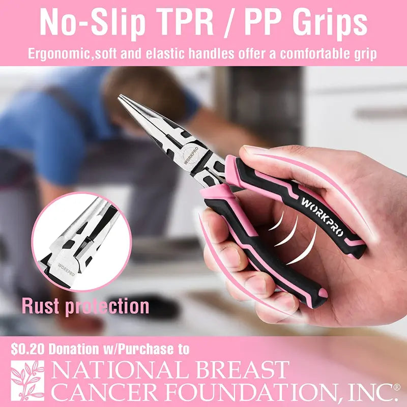 WORKPRO 4-Piece Pink Pliers Set  Ergonomic Grip Tools with Pink Ribbon Packaging
